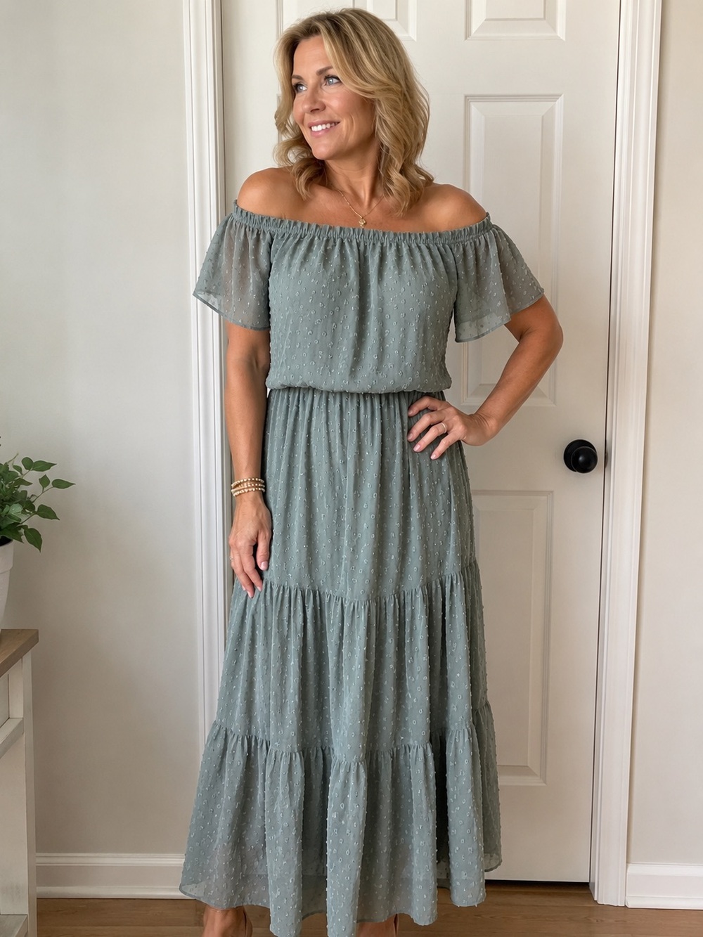 Baltic Born Off-Shoulder Sage Green Tiered Maxi Dress
